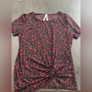 Jo&Co Women's Large Black & Red Floral Short Sleeve Blouse With Knot Romantic